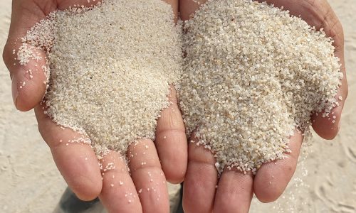 A person comparing two types of silica sand, with one finer and the other coarser, held in open palms.